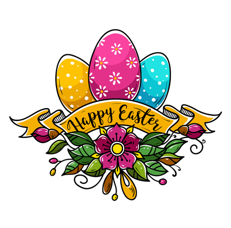 Happy Easter illustration with three Easter eggsのイラスト素材