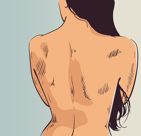 Girl with long hair turned with her back. Female body. Nude female backのイラスト素材