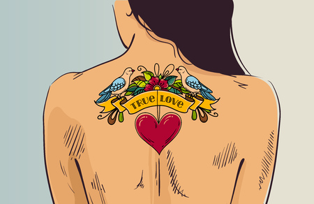 Girl with romantic tattoo. Woman turned with her back. Tattoo with heart and dove on nude back. Old school styleのイラスト素材