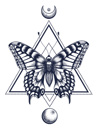 Butterfly tattoo and t-shirt design. Butterfly in triangle, at top is half moon with star, at bottom is full moon.のイラスト素材