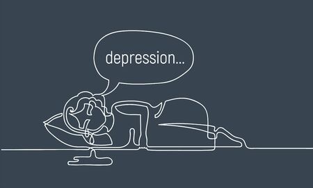 Unhappy girl is lying on pillow and crying. Depression concept. Continuous line drawing. Illustration on gloomy gray backgroundのイラスト素材