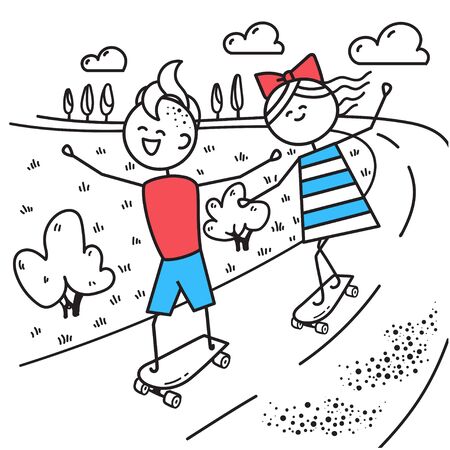 Happy guy and girl skateboarding. Fun trip. Valentines Day illustration for Valentines Day card or t-shirt. Couple in love. Simple characters.のイラスト素材