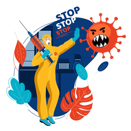 Vaccine doctor in medical protective suit with vaccine stops virus. Doctor stops pandemic. Medicine stops epidemic. Stop coronavirus. Natural immunity. Natural defense. Virus controlのイラスト素材