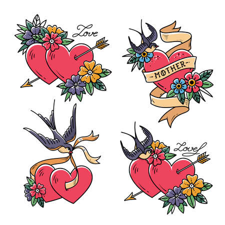 Set of Heart Tattoos with birds.Old school style. Two hearts pierced by arrow. Tattoo hearts with flower and Swallow. Isolated tattoo red heart with ribbon. Love. Valentines Day illustration.のイラスト素材