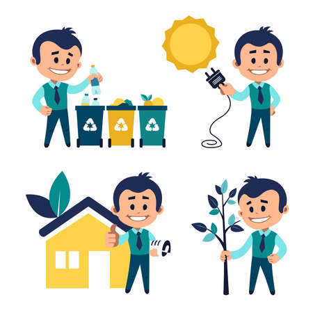 Environmental protection concept. Man sorting garbage. Man planting tree. Solar energy concept. Man near eco house. Eco building conceptのイラスト素材