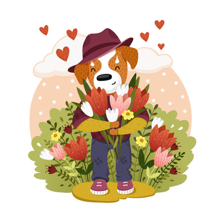 Happy dog with bouquet of flowers. Vector illustrationのイラスト素材