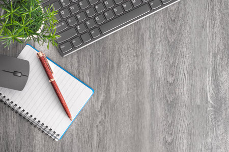 Office Desk Table with Supplies. Flat lay. Copy space