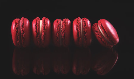 Red French Macarons on Black Background.の写真素材