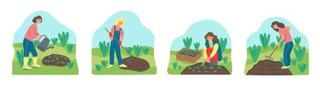 Gardening on a farm set of cartoon characters. Young people dig, rake the ground, plant and water seedlings. Women in the garden. Flat vector illustration.のイラスト素材