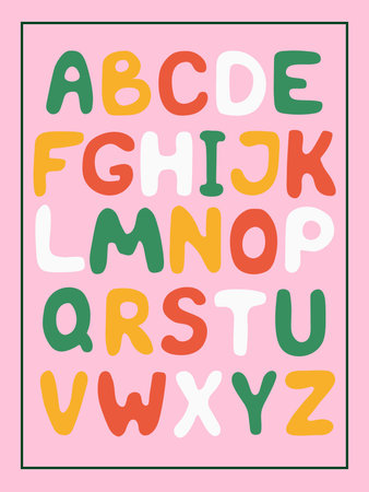Hand-drawn cute English alphabet. Green, yellow, red and white letters on a pink background. Vector...