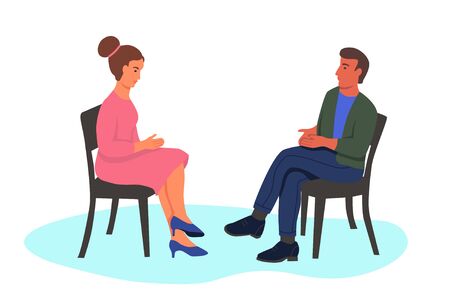 A young man and woman sit in chairs opposite each other. Characters isolated on a white background. The concept of Dating, psychotherapy, interviews. Flat vector illustration.のイラスト素材
