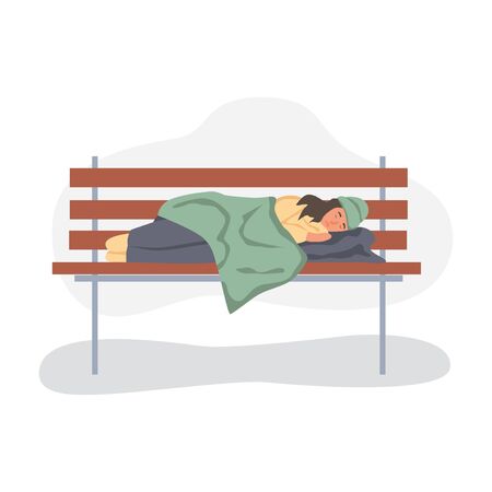 A homeless woman sleeps on a Park bench. The concept of poverty, misery, unemployment, volunteers. Flat cartoons vector illustration.のイラスト素材