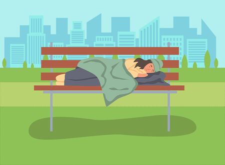 A homeless woman sleeps on a Park bench. The concept of poverty, misery, unemployment, volunteers. Flat cartoons vector illustration.のイラスト素材