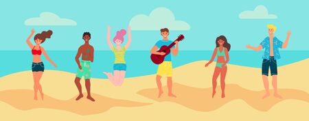 Young people in summer clothes dance and have fun on the beach. The concept of beach parties. Advertising banner, poster, postcard, flyer. Flat cartoon vector illustration.のイラスト素材