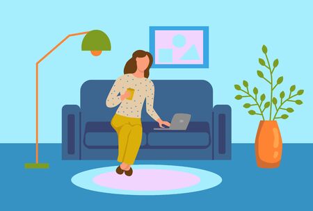 A young woman is working on a laptop and sitting on the sofa. Concept freelance, remote work, work from home, self-isolation, quarantine, entertainment. Flat cartoon vector illustration.のイラスト素材