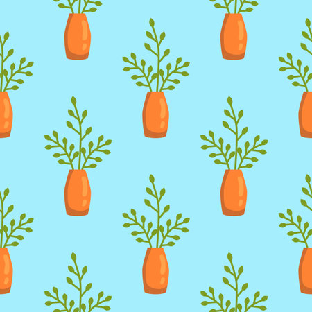 Seamless pattern of house plants on a light blue background. Cute flat cartoon vector illustrationのイラスト素材