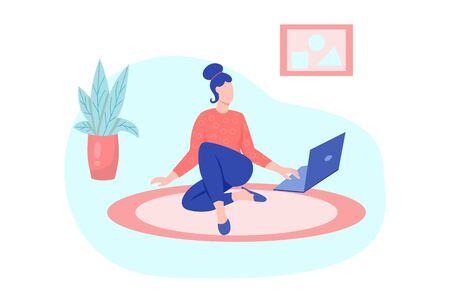 A young woman is working on a laptop and sitting on the floor. Concept freelance, remote work, work from home, self-isolation, quarantine, entertainment. Flat cartoon vector illustration.のイラスト素材