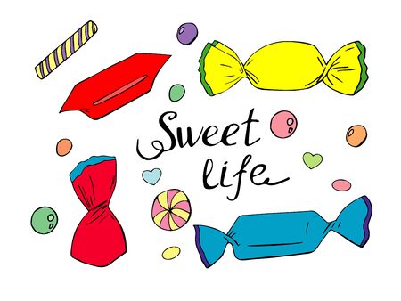 Candy doodle sketch set. Sweet life lettering. Vector illustration.のイラスト素材