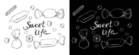 Candy doodle sketch set. Sweet life lettering. Vector illustration.のイラスト素材