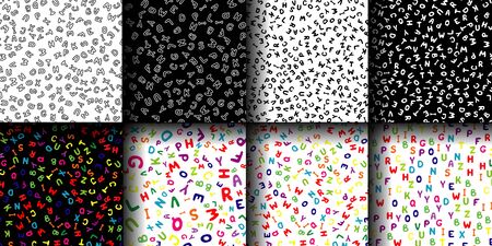 Set of  seamless patterns of colorful and black and white English letters.Vector illustration.のイラスト素材