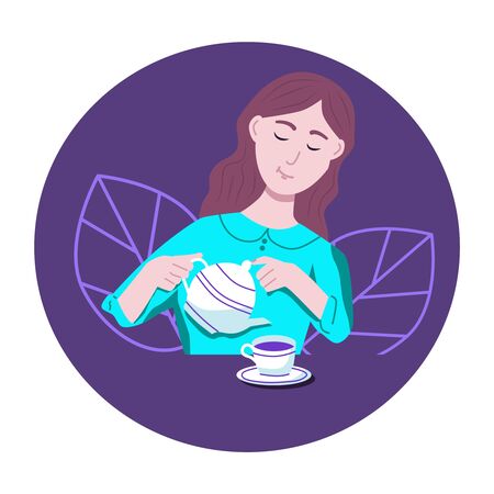 Young woman pours tea, concept, avatar.Vector illustration.のイラスト素材