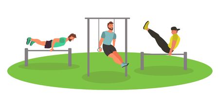 Men taking physical activity in outdoor park. Training, street workout, exercises. Active sports in a city park on the playground. Flat style vector illustration.のイラスト素材