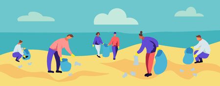 People Collecting Trash into Bags on Beach. Pollution of Seaside with Different Kinds of Garbage. Volunteers Clean Up Wastes on Ocean Coast. Ecology Protection Concept Cartoon Flat Vector Illustrationのイラスト素材