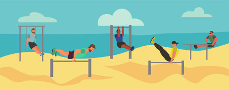 Men taking physical activity  on the Beach. Training, street workout, exercises. Active sports on...