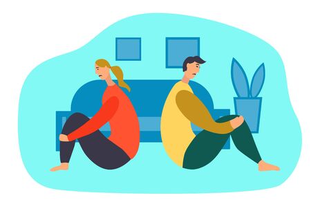 The concept of divorce. Sad man and woman in a quarrel sitting on the floor. Vector flat illustration.のイラスト素材