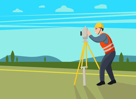 Concept land surveyors. ?adastral engineer, cartographer, cartoon  character. Vector flat illustration.のイラスト素材