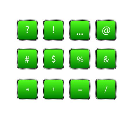 Vector illustration. Set of twelve square green buttons with metallic edging with different lettering.のイラスト素材