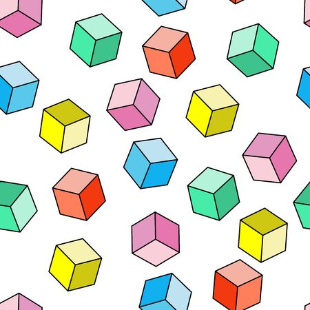 Vector illustration seamless pattern of multi-colored cubes: yellow, green, blue, red and purple on white backgroundのイラスト素材