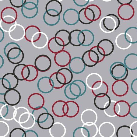 Vector illustration seamless pattern in retro style. Circles of four colors: green, red, black and white, arranged in a random order on a gray background.のイラスト素材