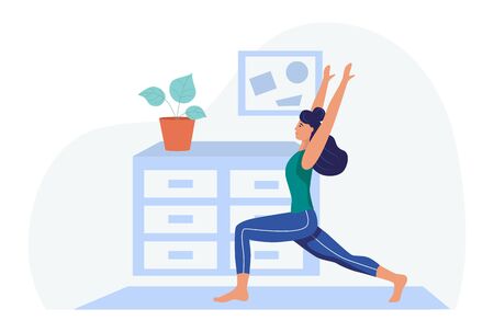 A young woman does yoga at home.The concept of daily life, everyday leisure and work activities. Flat cartoon vector illustration.のイラスト素材