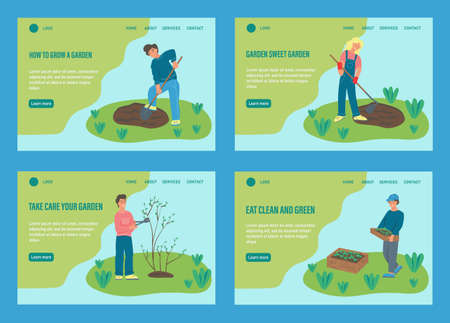 Set of templates. People are engaged in gardening. Website homepage landing web page template. A flat character. Vector illustration.のイラスト素材