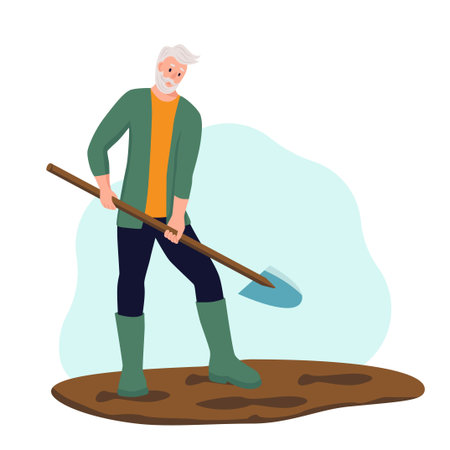 An elderly man is engaged in gardening. Pensioner digs the ground. The concept of active old age. Day of the elderly. Flat cartoon vector illustration.のイラスト素材
