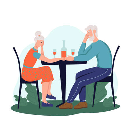 An elderly couple is sitting in a cafe on the street and drinking wine. The concept of active old age. Day of the elderly. Flat cartoon vector illustration.のイラスト素材