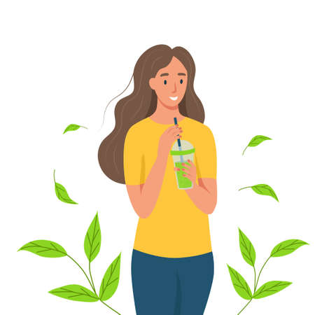 A young woman drinks matcha tea or smoothies. The concept of proper nutrition and a healthy lifestyle. Flat cartoon vector illustration isolated on a white background.のイラスト素材