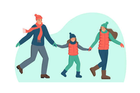 Family in winter clothes. A character isolated on a white background. Winter fun, walking in the Park. Flat cartoon vector illustration.のイラスト素材