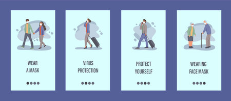 People wear masks mobile app template. Concept of epidemic control, air pollution, covid-19. Flat...