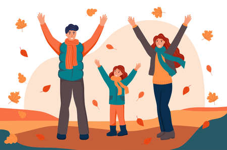 Family walking and tossing fallen leaves in the autumn Park. The concept of Family, autumn. Flat cartoon vector illustration.のイラスト素材