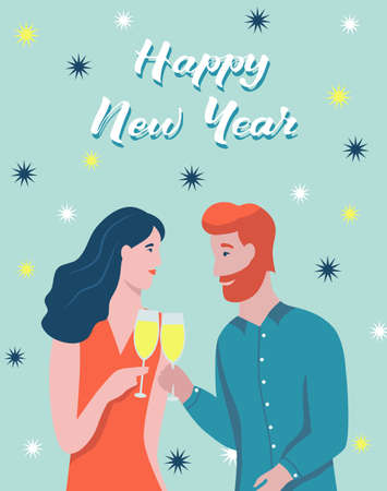 Christmas card. The couple drinks champagne. Lettering Happy New Year. Vector illustration. Banner, poster, template.のイラスト素材