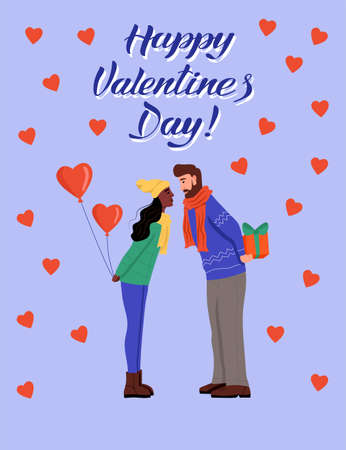 Greeting card for Valentine's day. The couple exchange gifts and kiss. Lettering happy Valentine's day. Flat vector illustration.のイラスト素材