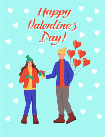 Greeting card for Valentine's day. The couple exchange gifts. Lettering happy Valentine's day. Flat vector illustration.のイラスト素材