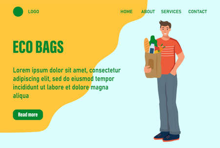 A man holds a bag of groceries landing page. Concept of recycling, ecology, nature care. Website homepage landing web page template.Vector illustrationのイラスト素材