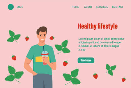 A man drinks a strawberry smoothie landing page. The concept of proper nutrition and a healthy lifestyle. Website homepage landing web page template Vector illustrationのイラスト素材