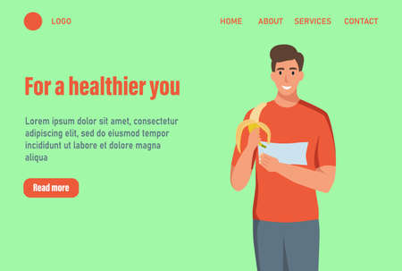 A man eats a banana landing page. The concept of proper nutrition and a healthy lifestyle. Website homepage landing web page template.Vector illustrationのイラスト素材