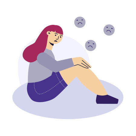 Sad young woman sitting on the ground. A woman crying. Upset girl looking down. Depression psychology concept. Flat character vector illustration.のイラスト素材