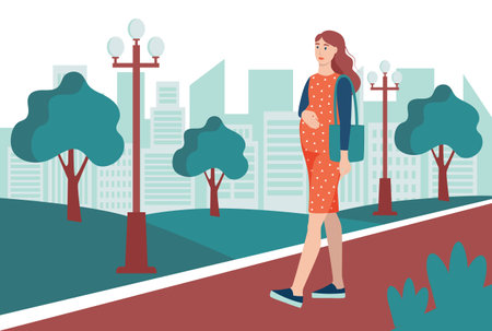 A young pregnant woman walks in the park, walking down the street. The concept of everyday activities and daily life. Flat cartoon vector illustration.のイラスト素材