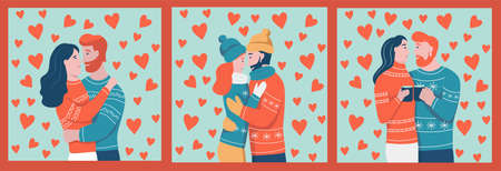 A set of cards and templates for Valentine's Day. The couple hugs. Young people in love. A man and a woman on the background of hearts. Flat cartoon vector illustration.のイラスト素材